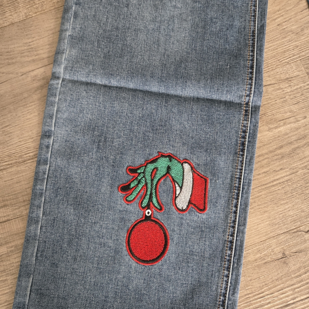 Grinch Embroidered Blue Women’s Jeans - Picture 2 of 6